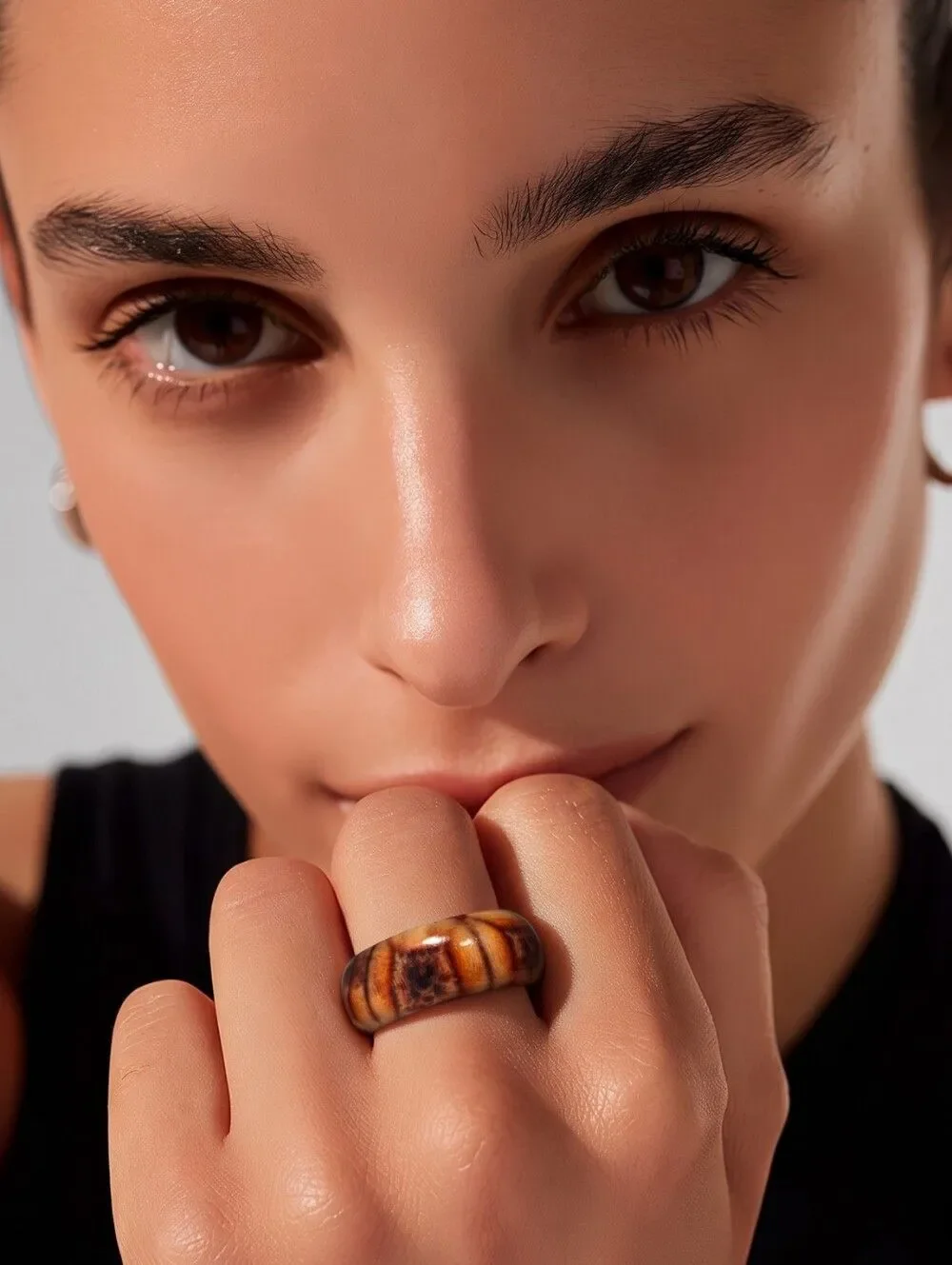 Brown Patterned Wooden Ring African Totem Ethnic Boho Stackable Festival 9mm